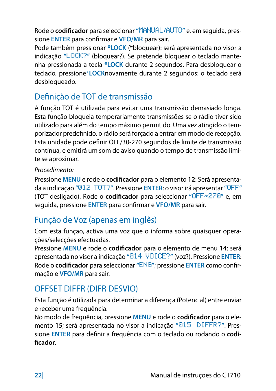 Definição de tot de transmissão, Função de voz (apenas em inglês), Offset diffr (difr desvio) | MIDLAND CT710 - 2014 User Manual | Page 204 / 214