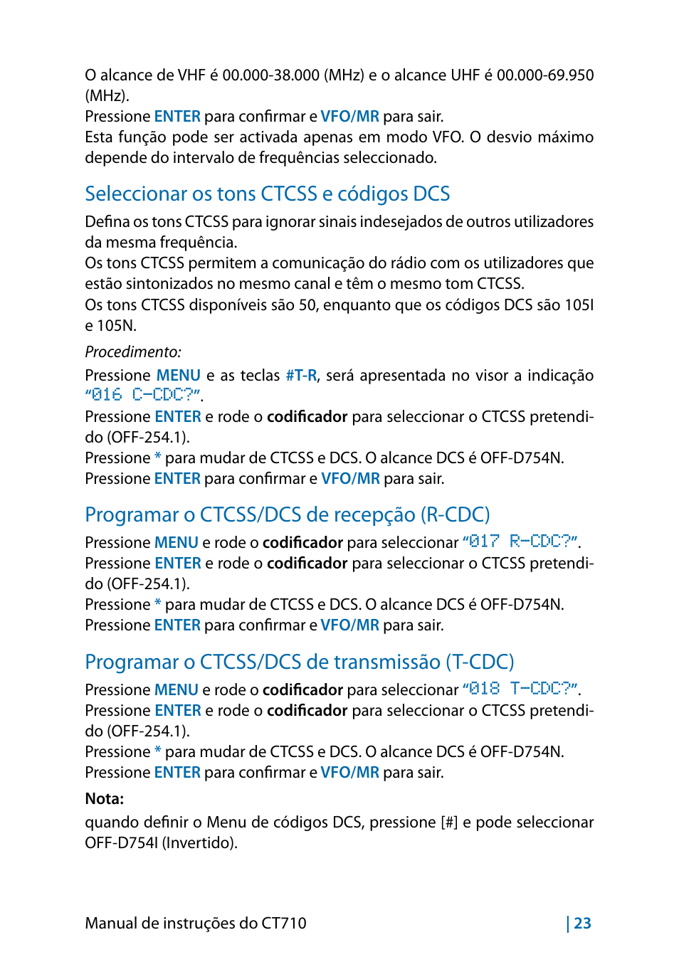 Seleccionar os tons ctcss e códigos dcs, Programar o ctcss/dcs de recepção (r-cdc), Programar o ctcss/dcs de transmissão (t-cdc) | MIDLAND CT710 - 2014 User Manual | Page 205 / 214
