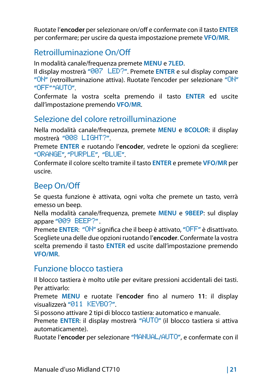 Retroilluminazione on/off, Selezione del colore retroilluminazione, Beep on/off | Funzione blocco tastiera | MIDLAND CT710 - 2014 User Manual | Page 21 / 214