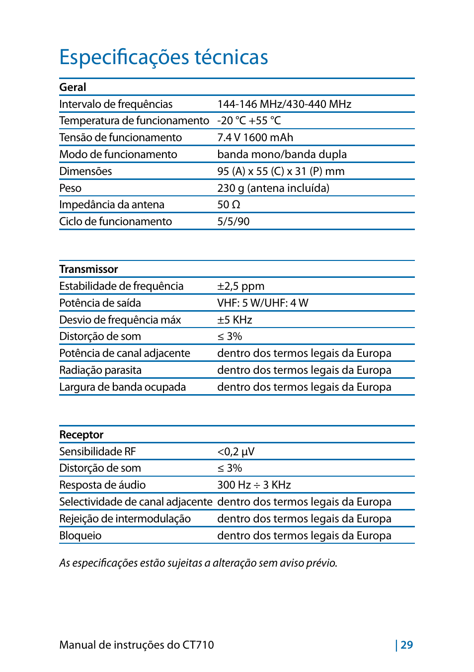 Especificações técnicas | MIDLAND CT710 - 2014 User Manual | Page 211 / 214