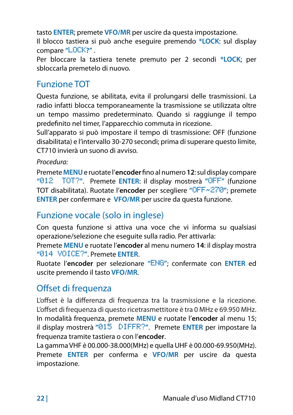 Funzione tot, Funzione vocale (solo in inglese), Offset di frequenza | MIDLAND CT710 - 2014 User Manual | Page 22 / 214