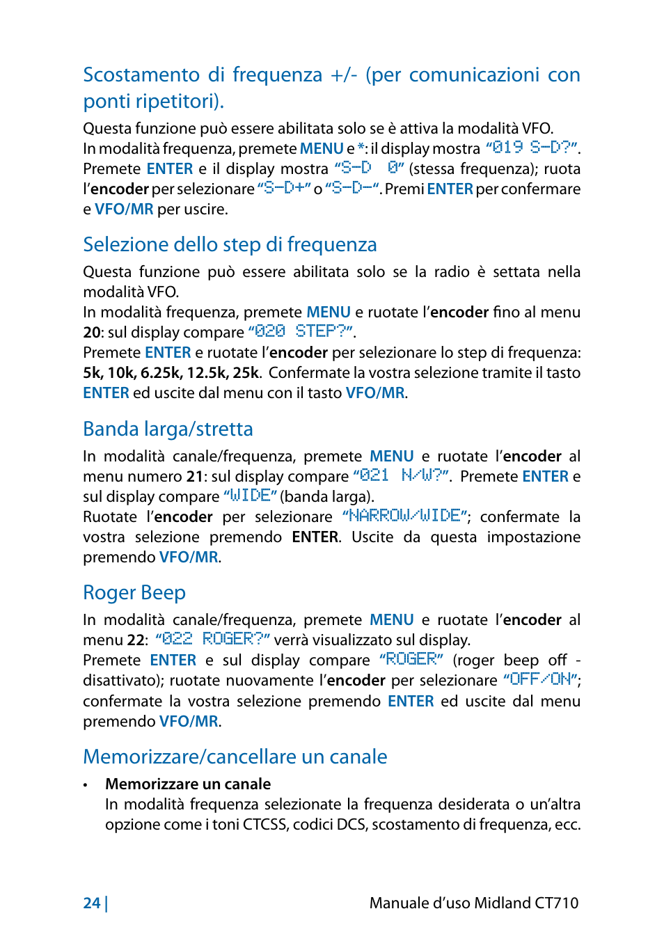 Selezione dello step di frequenza, Banda larga/stretta, Roger beep | MIDLAND CT710 - 2014 User Manual | Page 24 / 214