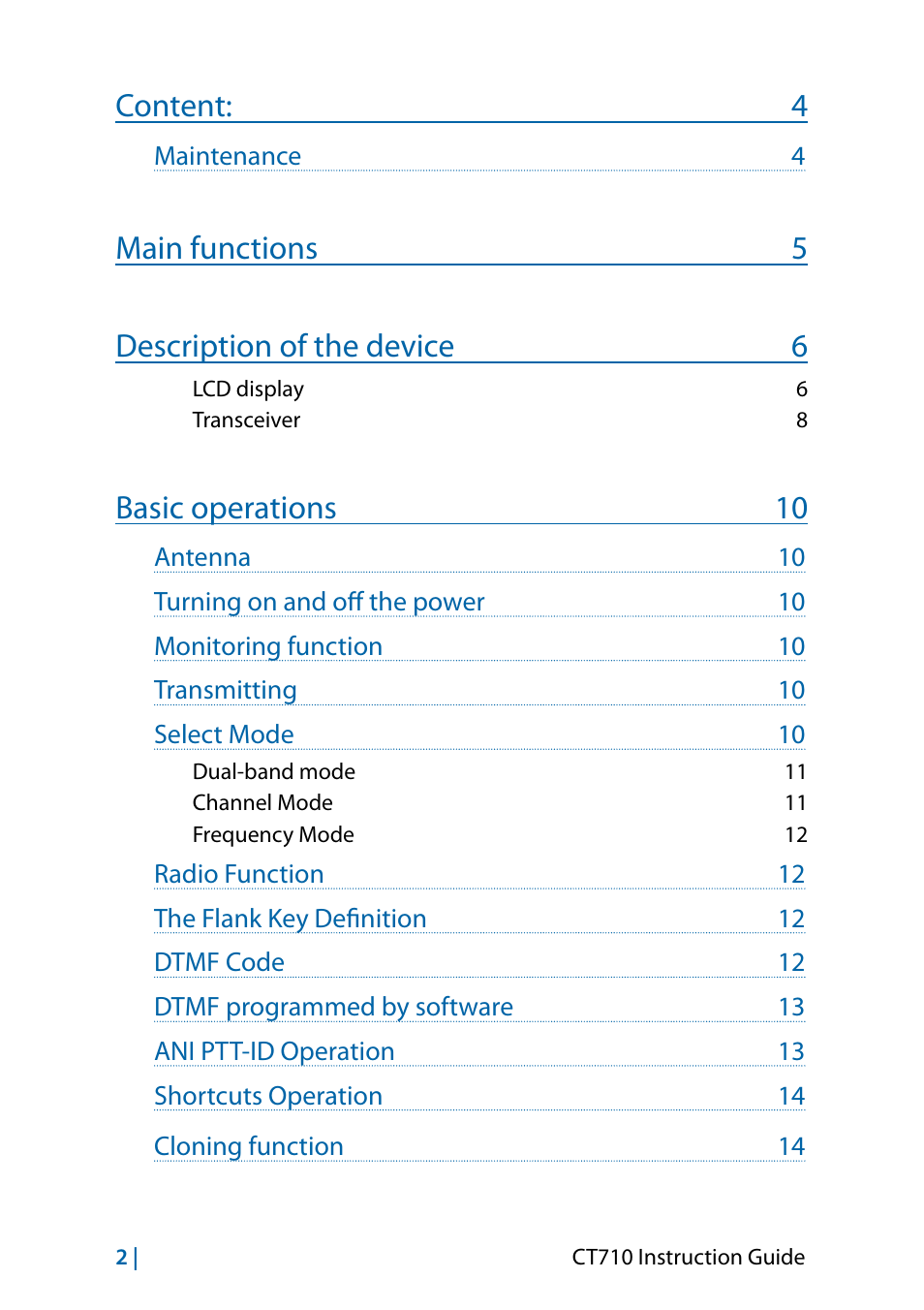 Content: 4, Main functions 5 description of the device 6, Basic operations 10 | MIDLAND CT710 - 2014 User Manual | Page 32 / 214