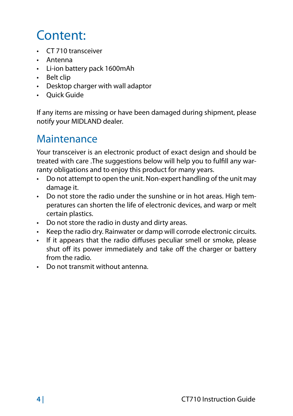 Content, Maintenance | MIDLAND CT710 - 2014 User Manual | Page 34 / 214