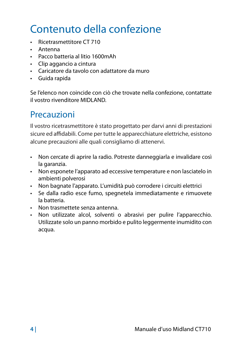 Contenuto della confezione, Precauzioni | MIDLAND CT710 - 2014 User Manual | Page 4 / 214