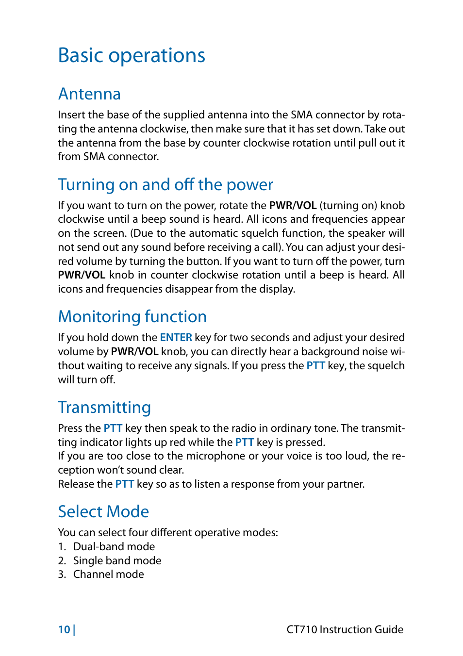 Basic operations, Antenna, Turning on and off the power | Monitoring function, Transmitting, Select mode | MIDLAND CT710 - 2014 User Manual | Page 40 / 214