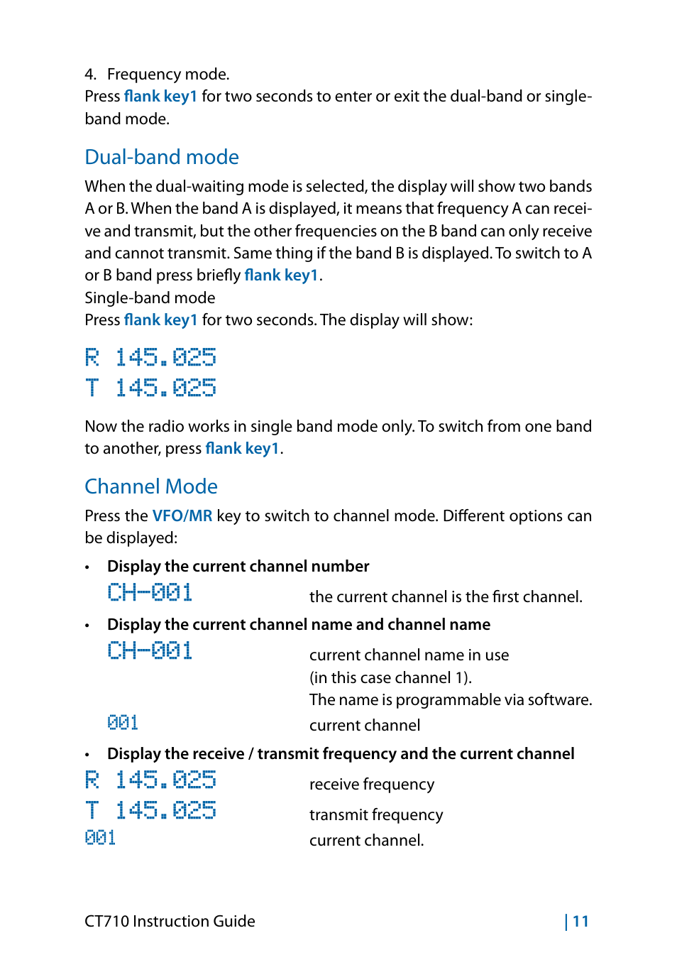 Ch-001, Dual-band mode, Channel mode | MIDLAND CT710 - 2014 User Manual | Page 41 / 214