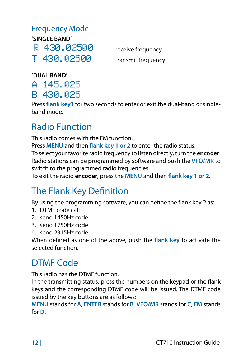Radio function, The flank key definition, Dtmf code | Frequency mode | MIDLAND CT710 - 2014 User Manual | Page 42 / 214