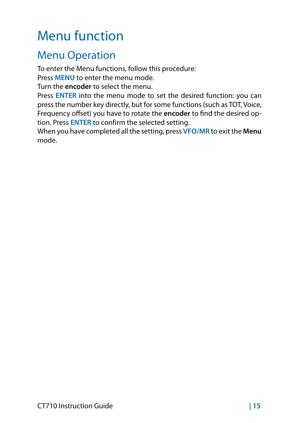 Menu function, Menu operation | MIDLAND CT710 - 2014 User Manual | Page 45 / 214
