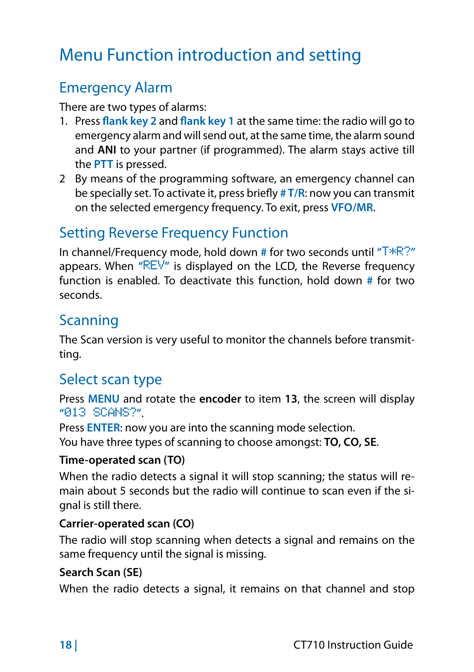 Menu function introduction and setting, Emergency alarm, Setting reverse frequency function | Scanning, Select scan type | MIDLAND CT710 - 2014 User Manual | Page 48 / 214