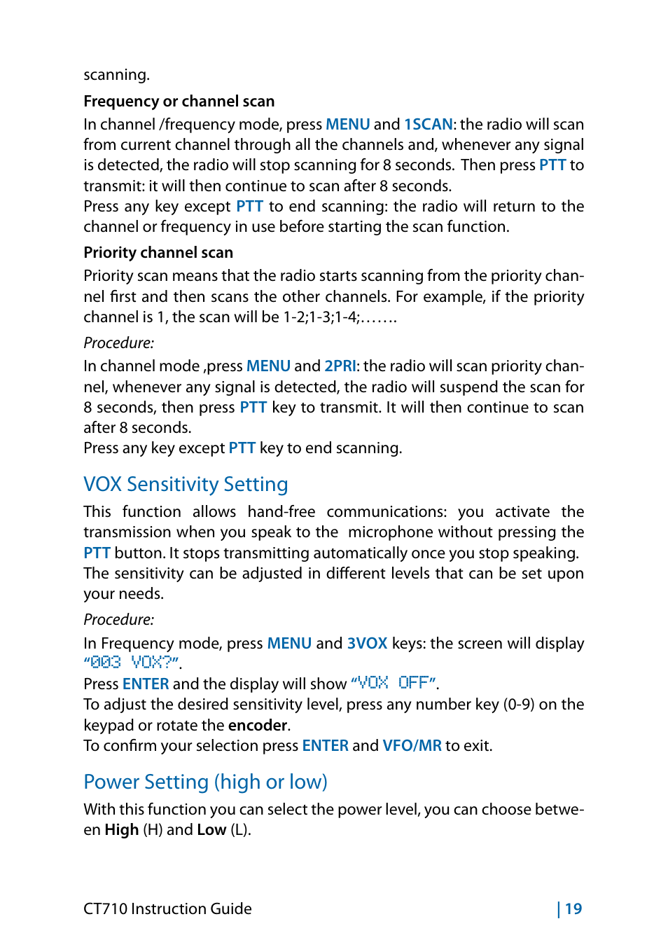 Vox sensitivity setting, Power setting (high or low) | MIDLAND CT710 - 2014 User Manual | Page 49 / 214