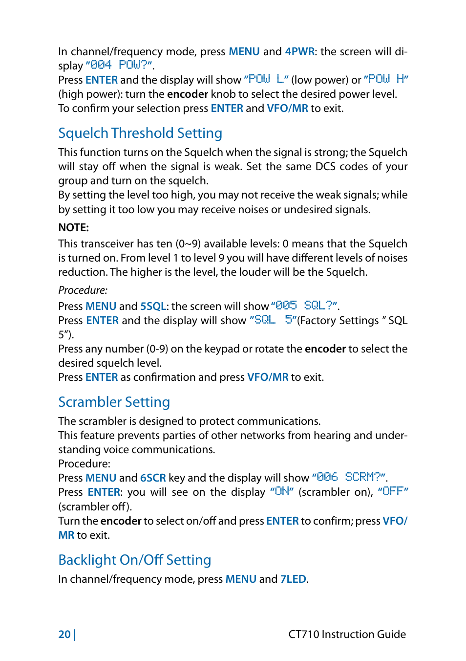 Squelch threshold setting, Scrambler setting, Backlight on/off setting | MIDLAND CT710 - 2014 User Manual | Page 50 / 214