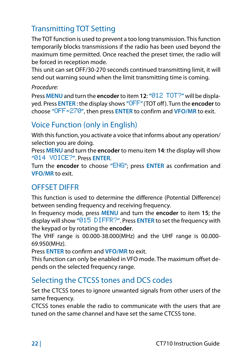 Transmitting tot setting, Voice function (only in english), Offset diffr | Selecting the ctcss tones and dcs codes | MIDLAND CT710 - 2014 User Manual | Page 52 / 214