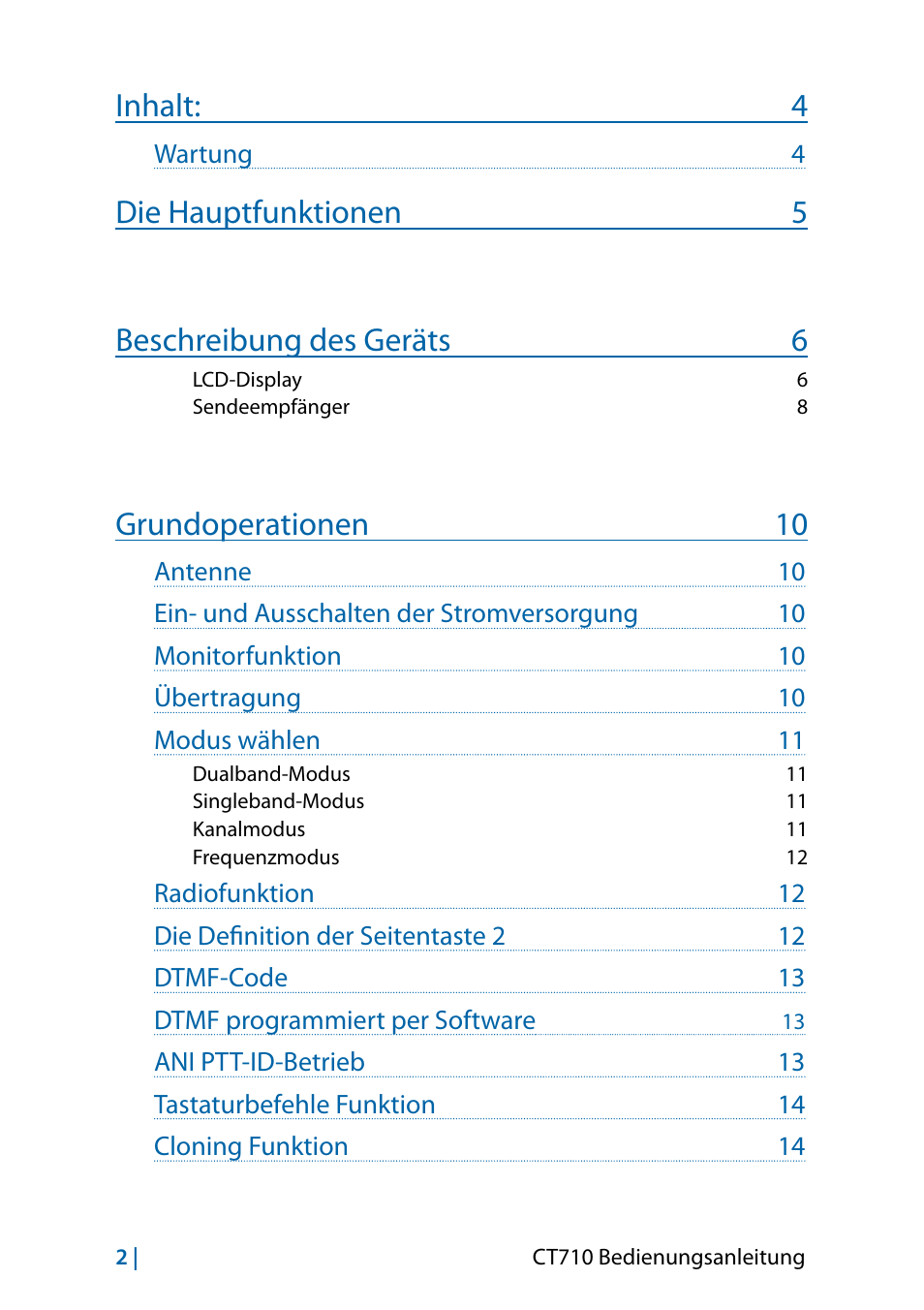 Inhalt: 4, Die hauptfunktionen 5 beschreibung des geräts 6, Grundoperationen 10 | MIDLAND CT710 - 2014 User Manual | Page 62 / 214