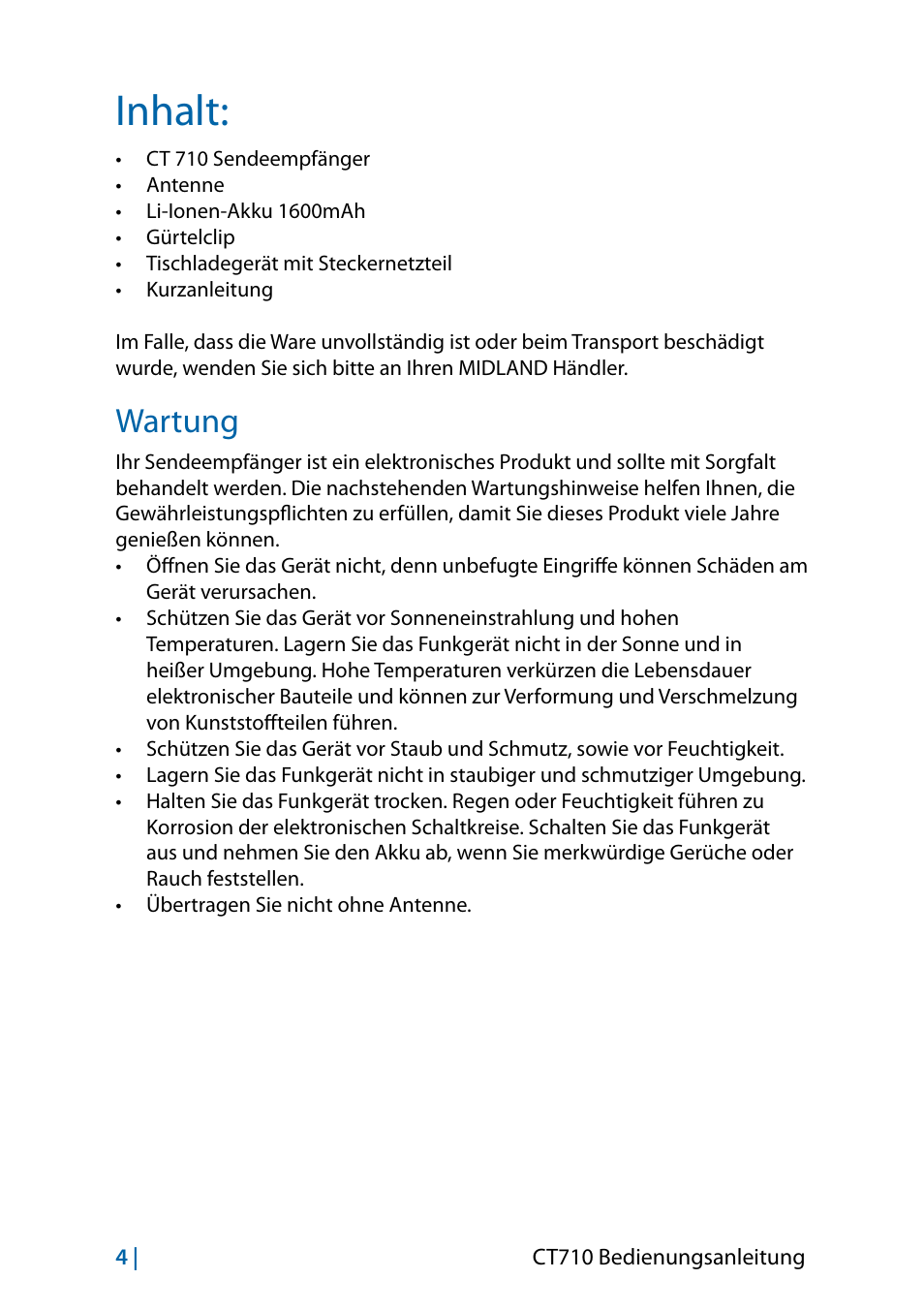 Inhalt, Wartung | MIDLAND CT710 - 2014 User Manual | Page 64 / 214