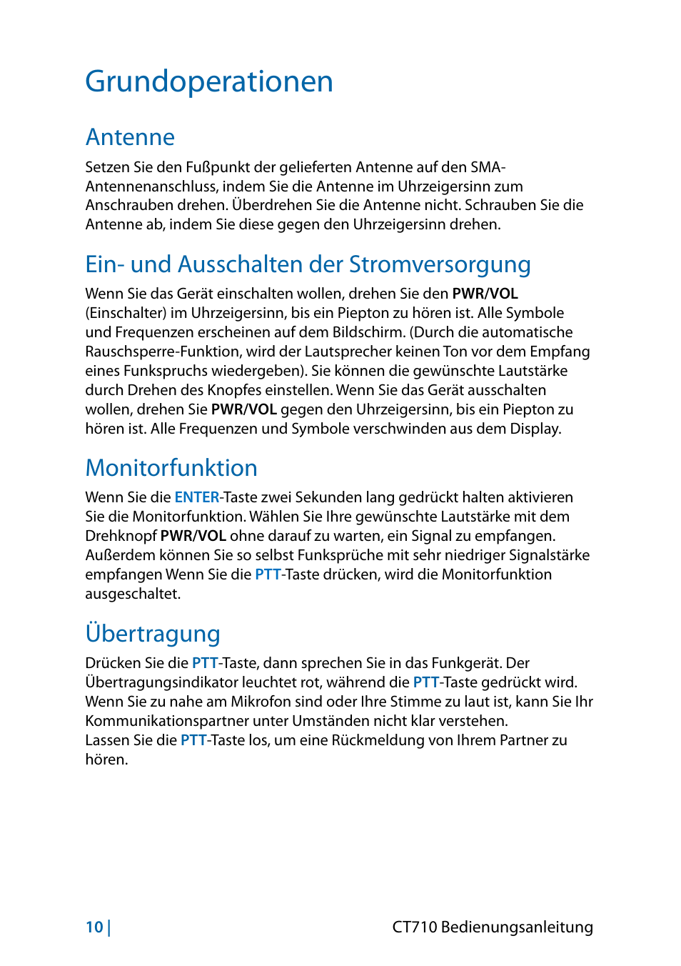Grundoperationen, Antenne, Ein- und ausschalten der stromversorgung | Monitorfunktion, Übertragung | MIDLAND CT710 - 2014 User Manual | Page 70 / 214