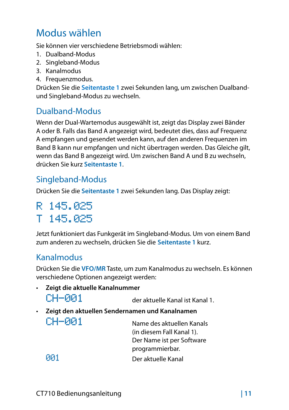 Modus wählen, Ch-001, Dualband-modus | Singleband-modus, Kanalmodus | MIDLAND CT710 - 2014 User Manual | Page 71 / 214