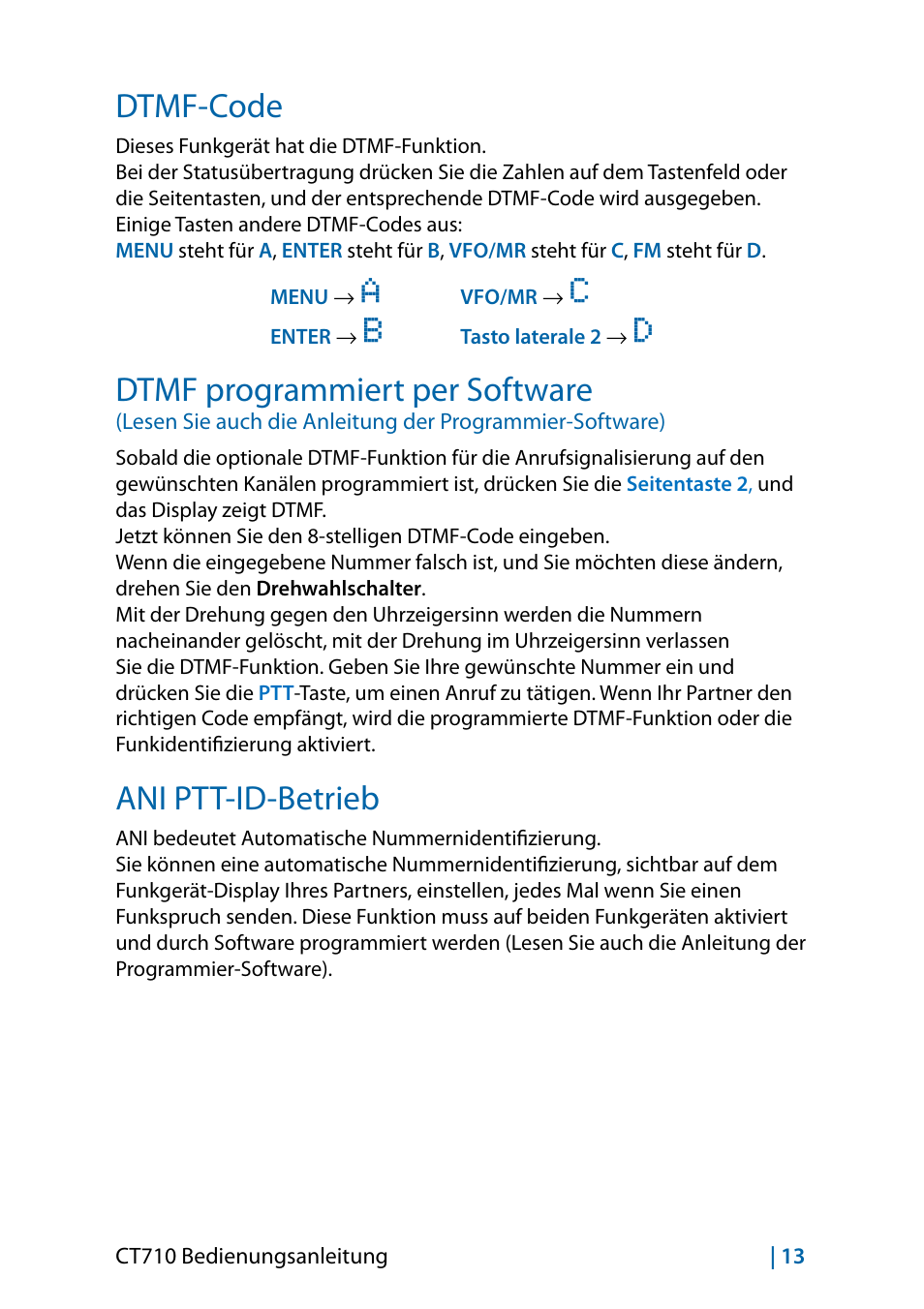 Dtmf-code, Dtmf programmiert per software, Ani ptt-id-betrieb | MIDLAND CT710 - 2014 User Manual | Page 73 / 214