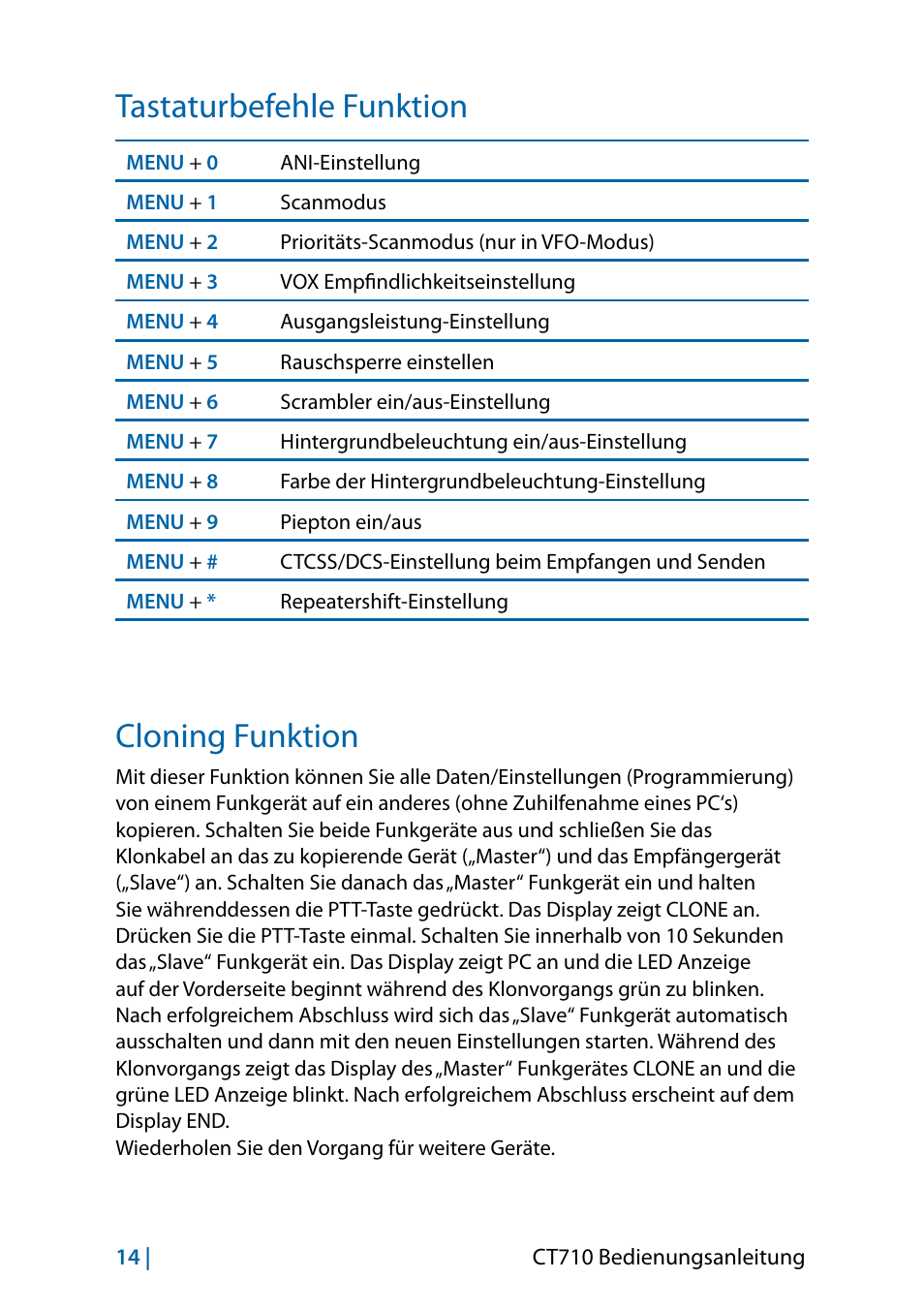 Tastaturbefehle funktion, Cloning funktion | MIDLAND CT710 - 2014 User Manual | Page 74 / 214