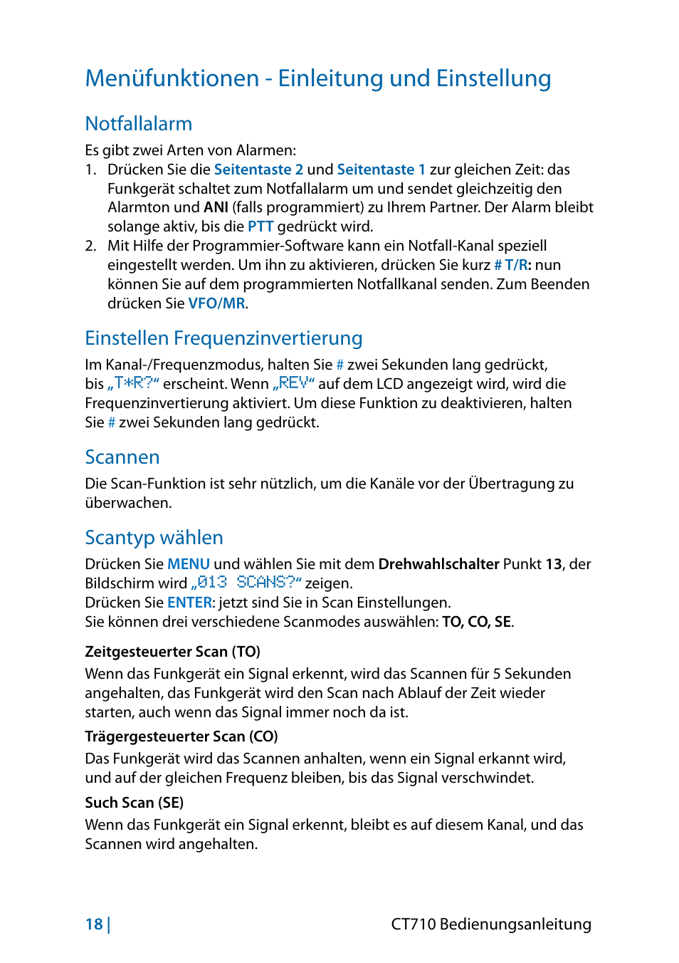Menüfunktionen - einleitung und einstellung, Notfallalarm, Einstellen frequenzinvertierung | Scannen, Scantyp wählen | MIDLAND CT710 - 2014 User Manual | Page 78 / 214