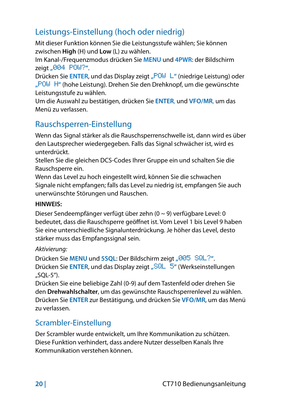 Leistungs-einstellung (hoch oder niedrig), Rauschsperren-einstellung, Scrambler-einstellung | MIDLAND CT710 - 2014 User Manual | Page 80 / 214
