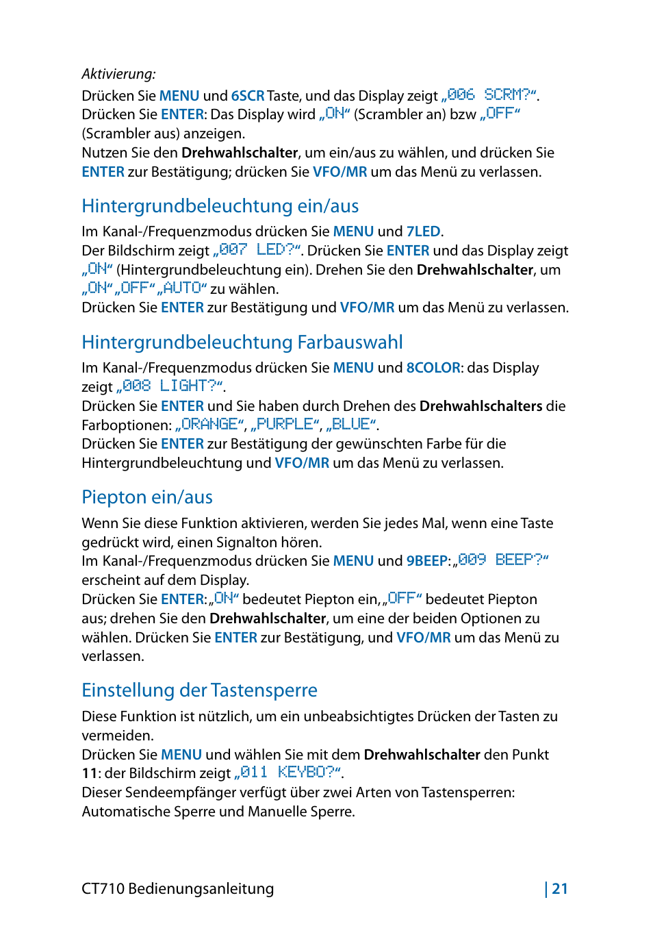 Hintergrundbeleuchtung ein/aus, Hintergrundbeleuchtung farbauswahl, Piepton ein/aus | Einstellung der tastensperre | MIDLAND CT710 - 2014 User Manual | Page 81 / 214