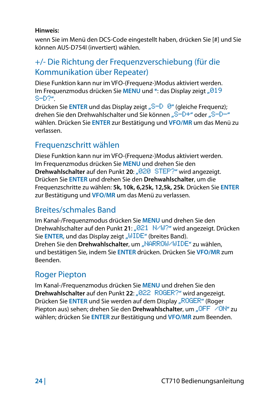 Frequenzschritt wählen, Breites/schmales band, Roger piepton | MIDLAND CT710 - 2014 User Manual | Page 84 / 214