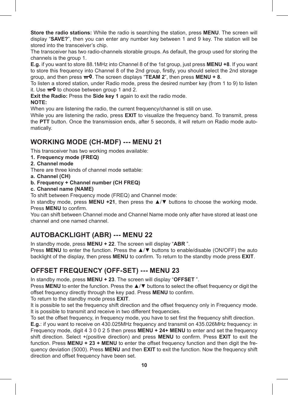 Working mode (ch-mdf) --- menu 21, Autobacklight (abr) --- menu 22, Offset frequency (off-set) --- menu 23 | MIDLAND CT790 User Manual | Page 10 / 16