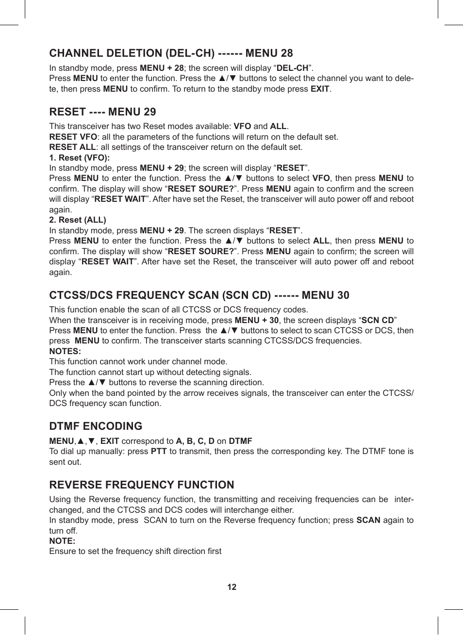 Channel deletion (del-ch) ------ menu 28, Reset ---- menu 29, Ctcss/dcs frequency scan (scn cd) ------ menu 30 | Dtmf encoding, Reverse frequency function | MIDLAND CT790 User Manual | Page 12 / 16