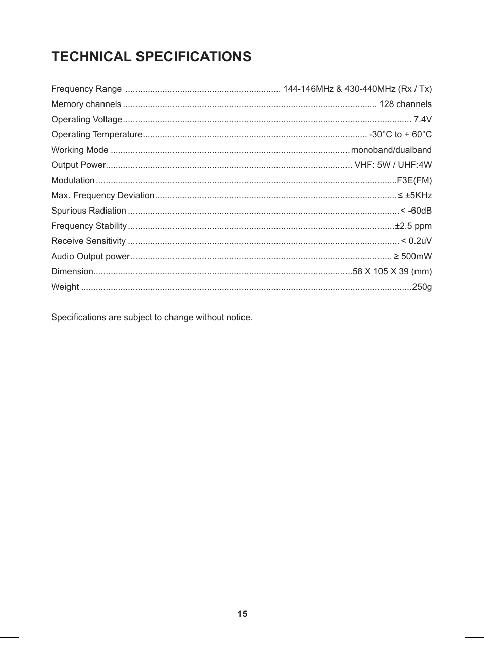 Technical specifications | MIDLAND CT790 User Manual | Page 15 / 16