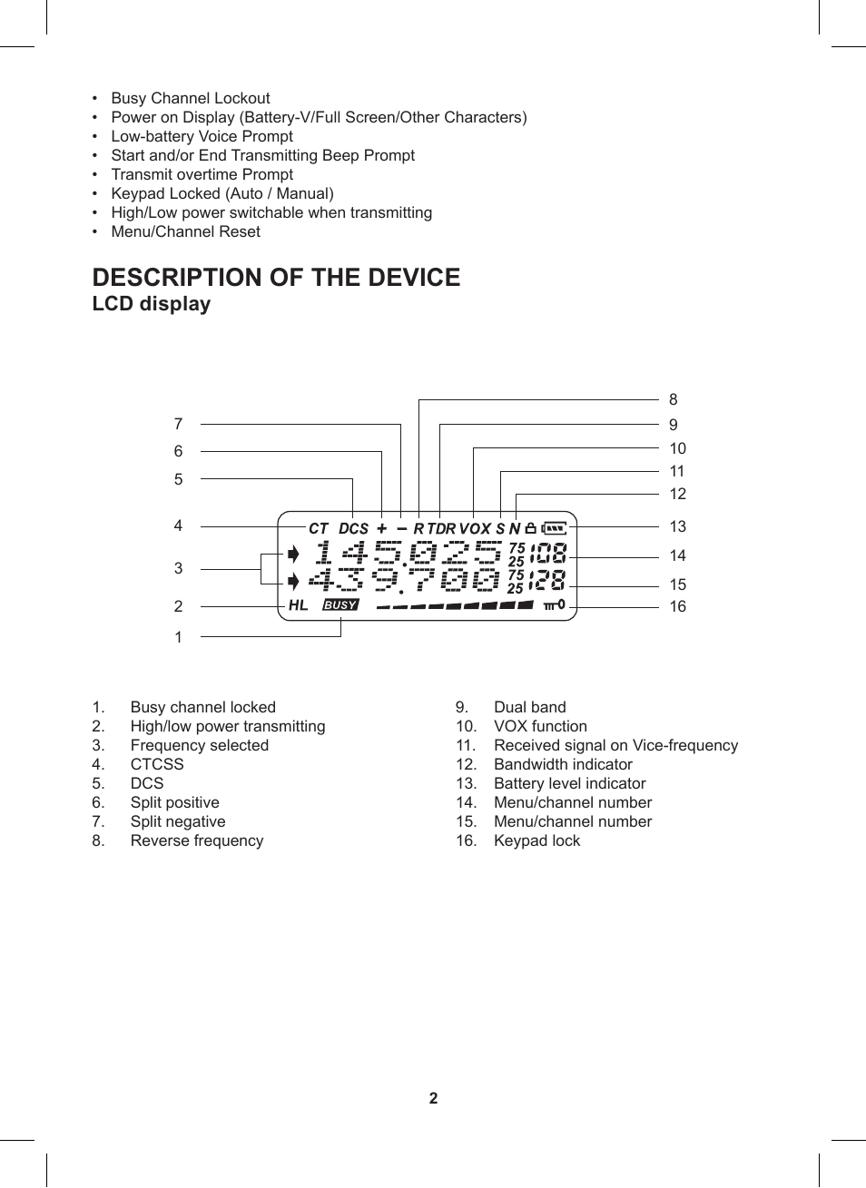 Description of the device, Lcd display | MIDLAND CT790 User Manual | Page 2 / 16