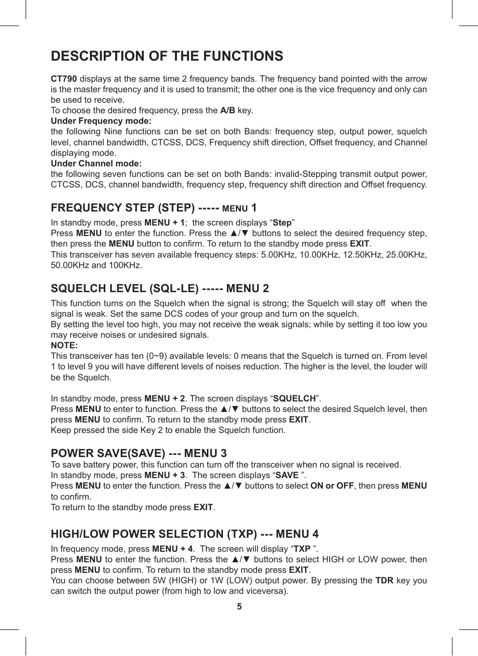 Description of the functions, Frequency step (step), Squelch level (sql-le) ----- menu 2 | Power save(save) --- menu 3, High/low power selection (txp) --- menu 4 | MIDLAND CT790 User Manual | Page 5 / 16