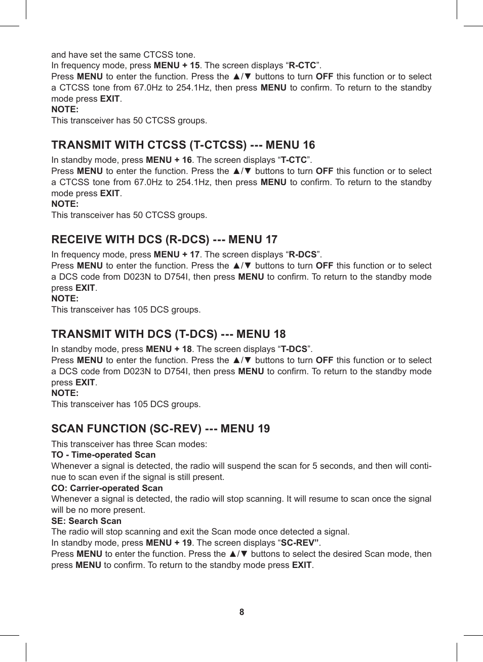 Transmit with ctcss (t-ctcss) --- menu 16, Receive with dcs (r-dcs) --- menu 17, Transmit with dcs (t-dcs) --- menu 18 | Scan function (sc-rev) --- menu 19 | MIDLAND CT790 User Manual | Page 8 / 16