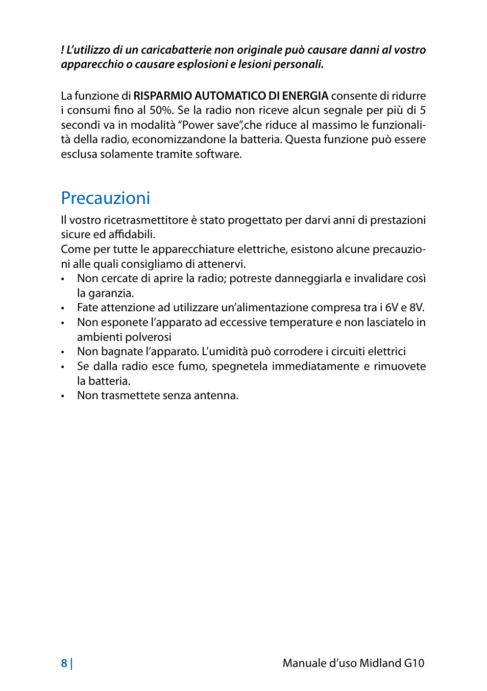 Precauzioni | MIDLAND G10 User Manual | Page 10 / 98