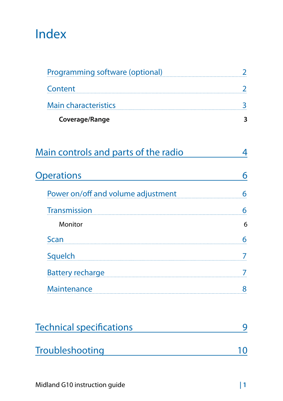 Index, Technical specifications 9 troubleshooting 10 | MIDLAND G10 User Manual | Page 15 / 98