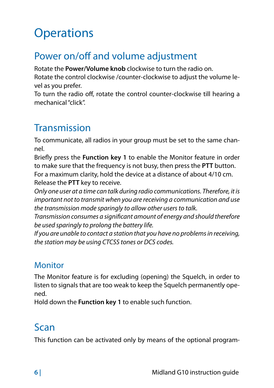 Operations, Power on/off and volume adjustment, Transmission | Monitor, Scan, Operations 6, Transmission 6, Monitor 6, Scan 6 | MIDLAND G10 User Manual | Page 20 / 98