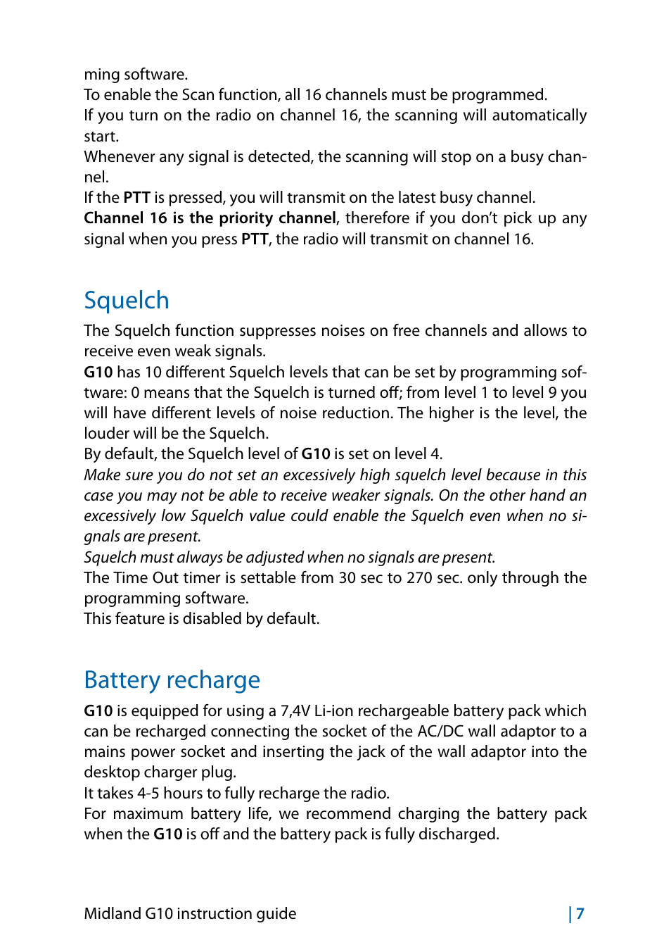 Squelch, Battery recharge, Squelch 7 | MIDLAND G10 User Manual | Page 21 / 98