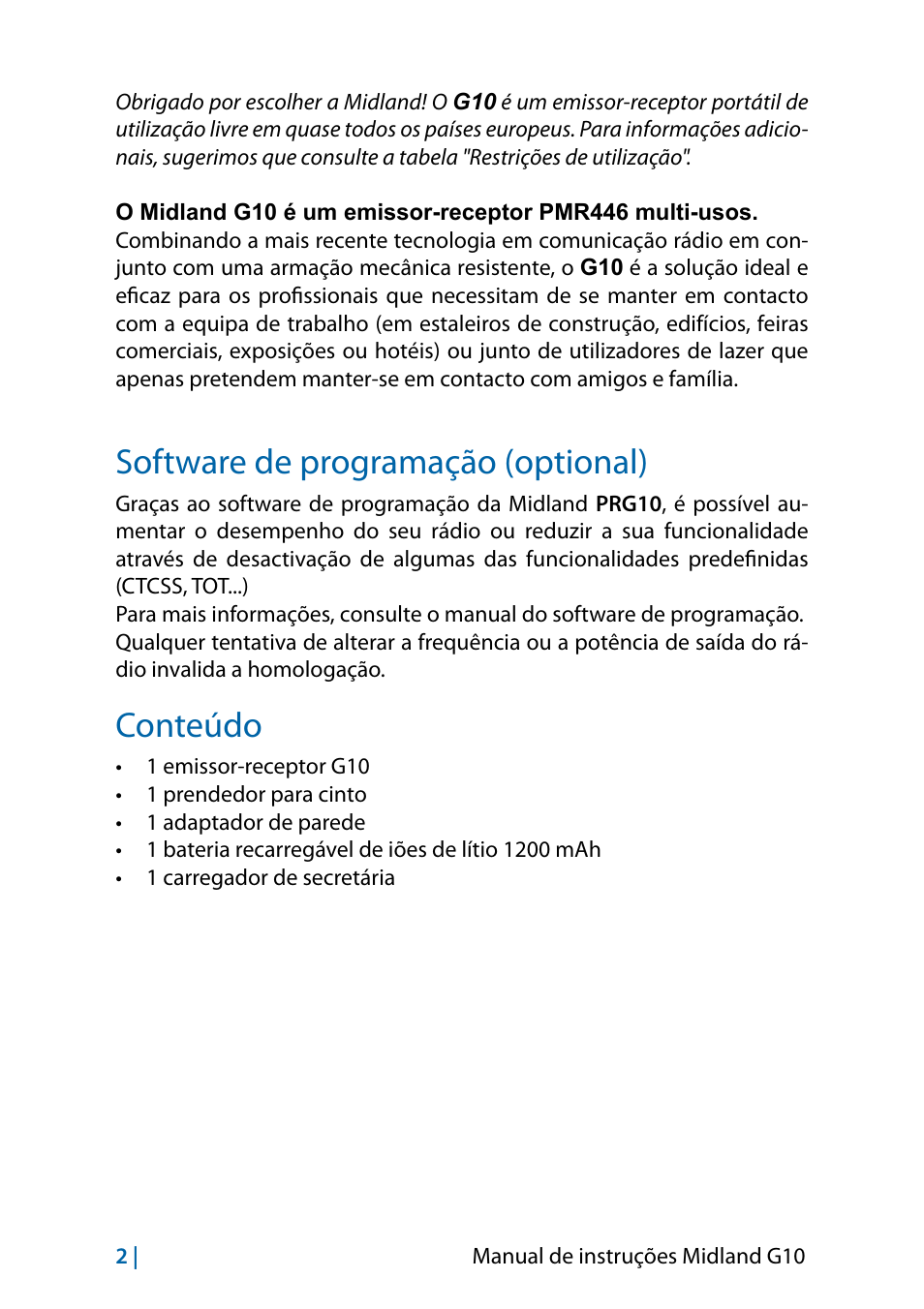Software de programação (optional), Conteúdo | MIDLAND G10 User Manual | Page 28 / 98