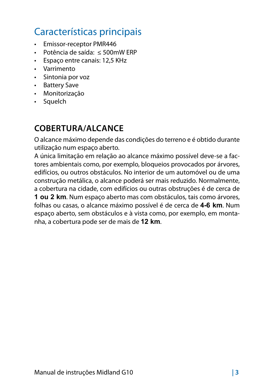 Características principais, Cobertura/alcance | MIDLAND G10 User Manual | Page 29 / 98