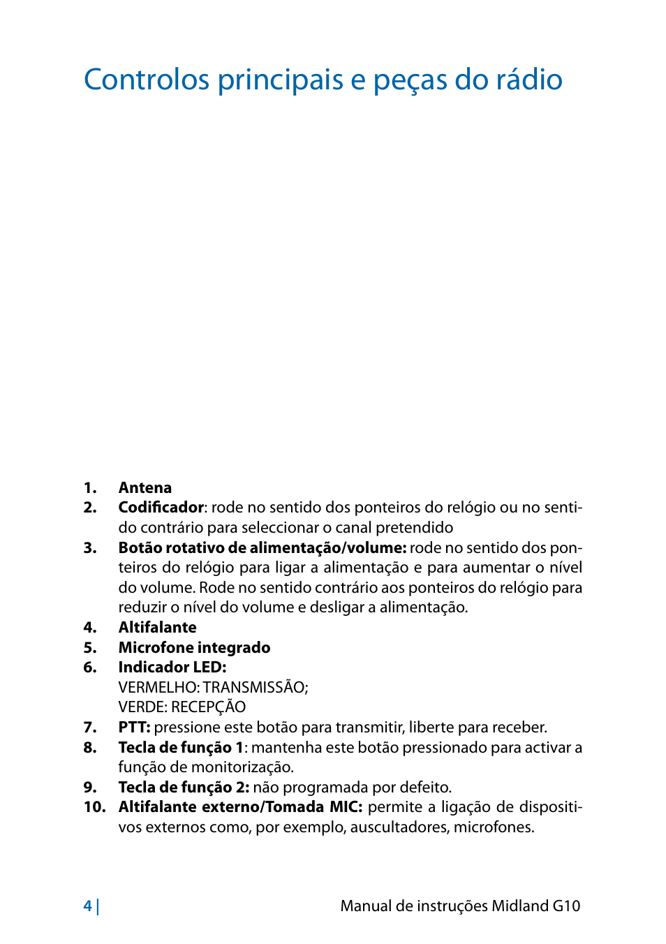 Controlos principais e peças do rádio | MIDLAND G10 User Manual | Page 30 / 98