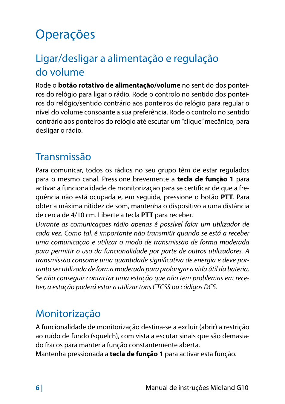 Operações, Ligar/desligar a alimentação e regulação do volume, Transmissão | Monitorização | MIDLAND G10 User Manual | Page 32 / 98