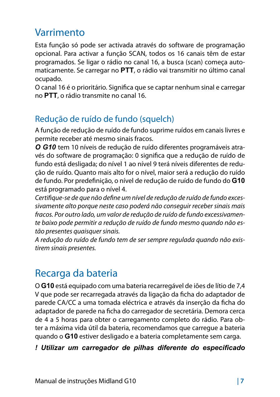 Varrimento, Recarga da bateria, Redução de ruído de fundo (squelch) | MIDLAND G10 User Manual | Page 33 / 98