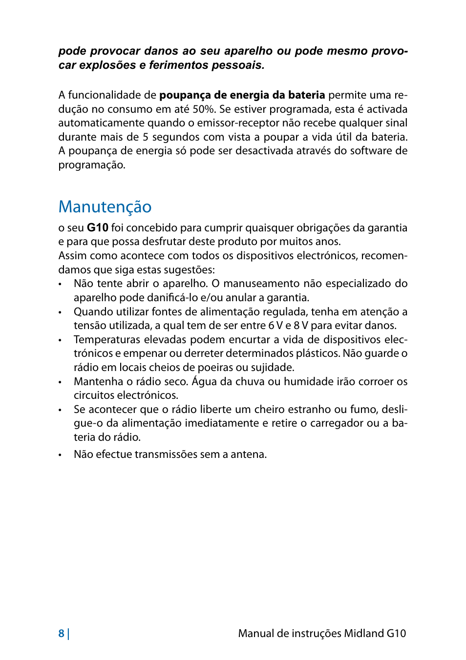 Manutenção | MIDLAND G10 User Manual | Page 34 / 98