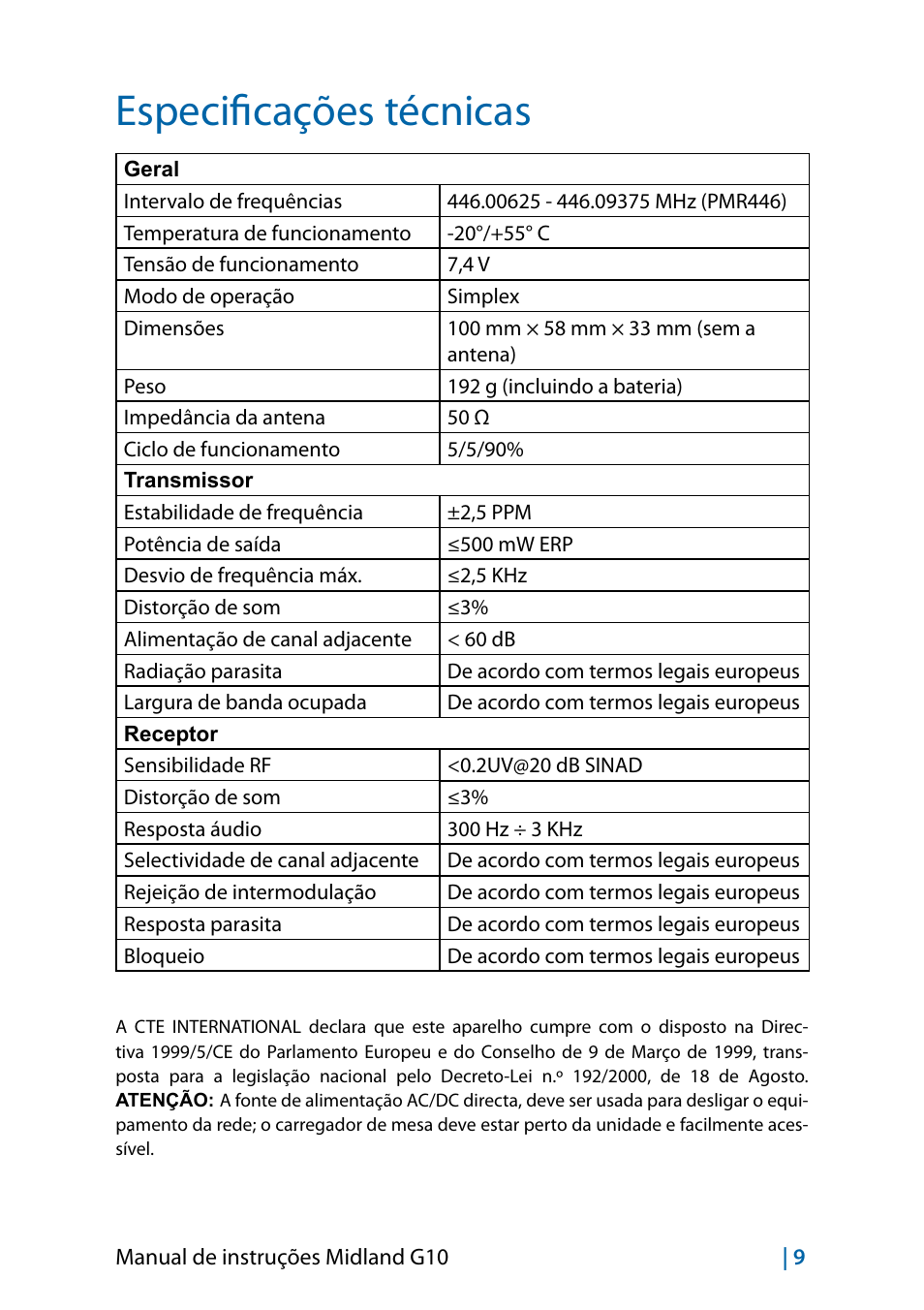 Especificações técnicas | MIDLAND G10 User Manual | Page 35 / 98