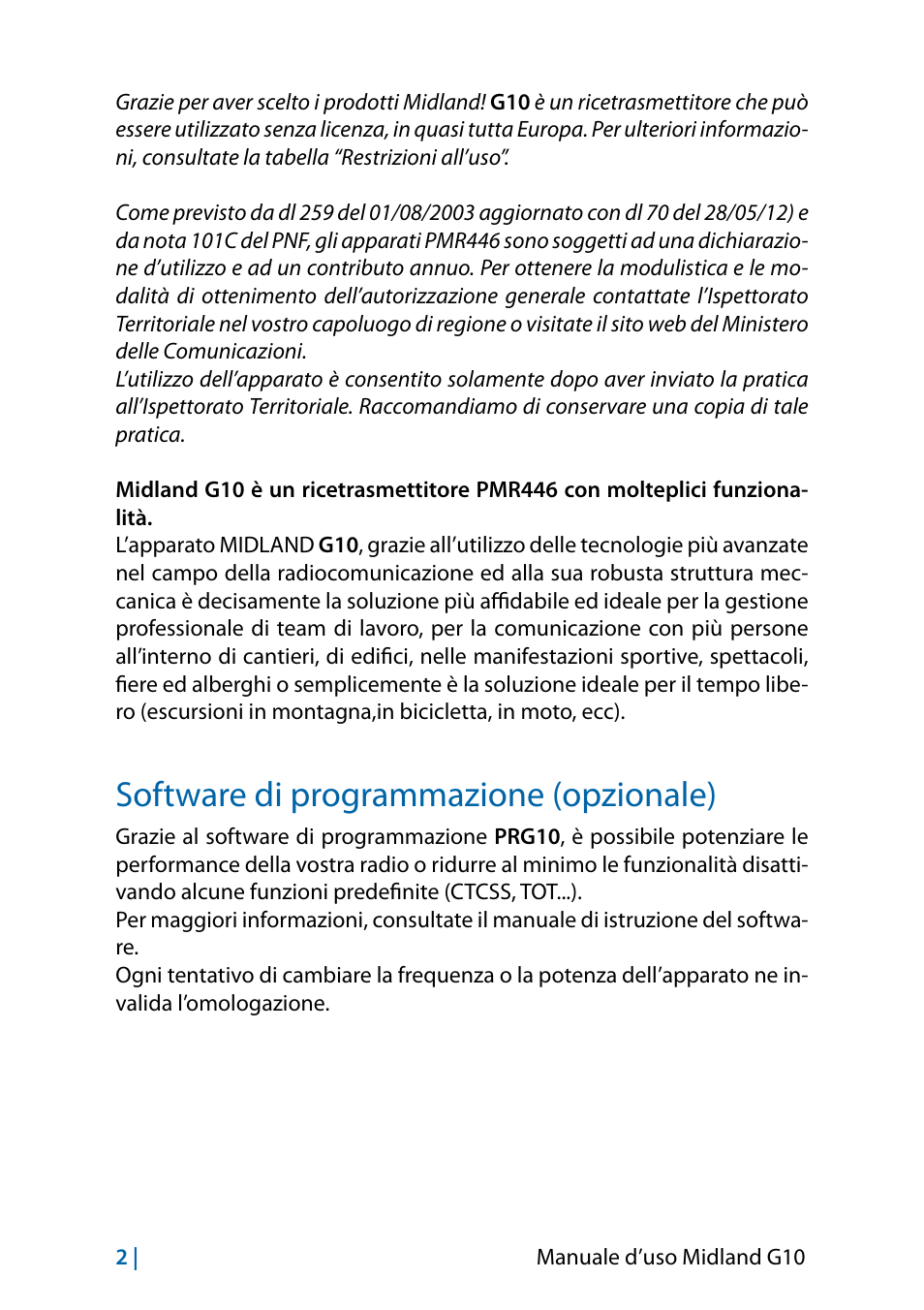Software di programmazione (opzionale) | MIDLAND G10 User Manual | Page 4 / 98