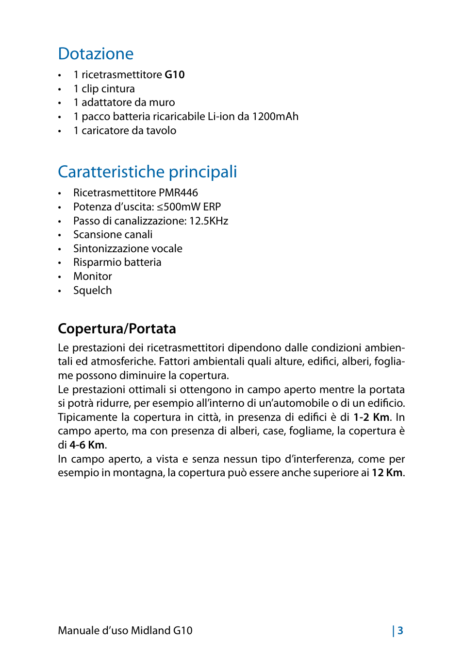 Dotazione, Caratteristiche principali | MIDLAND G10 User Manual | Page 5 / 98