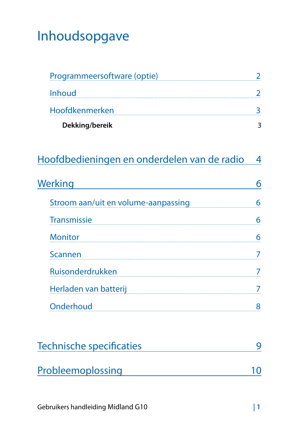 Inhoudsopgave, Technische specificaties 9 probleemoplossing 10 | MIDLAND G10 User Manual | Page 51 / 98