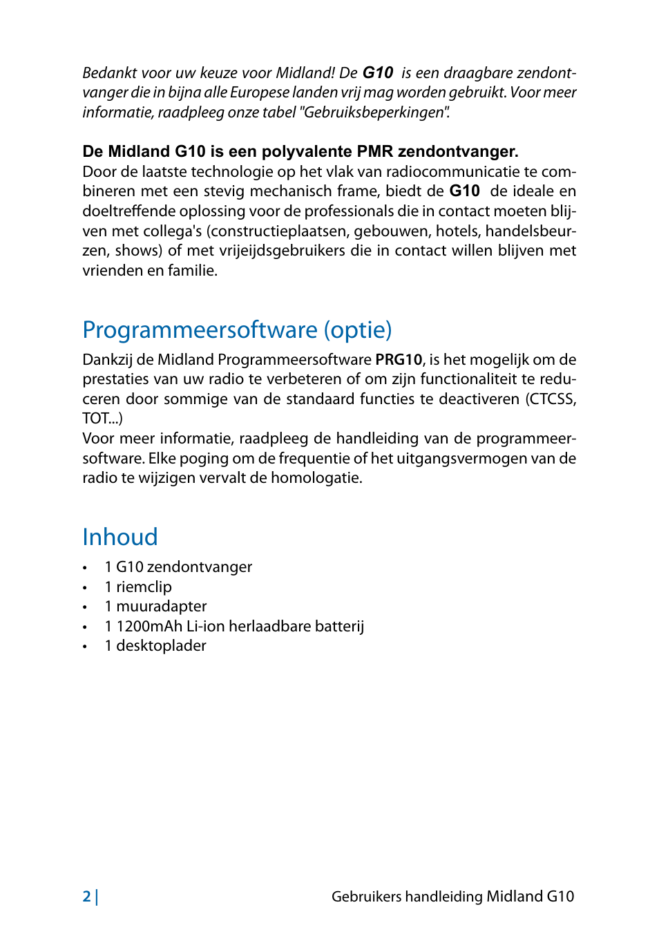 Programmeersoftware (optie), Inhoud | MIDLAND G10 User Manual | Page 52 / 98