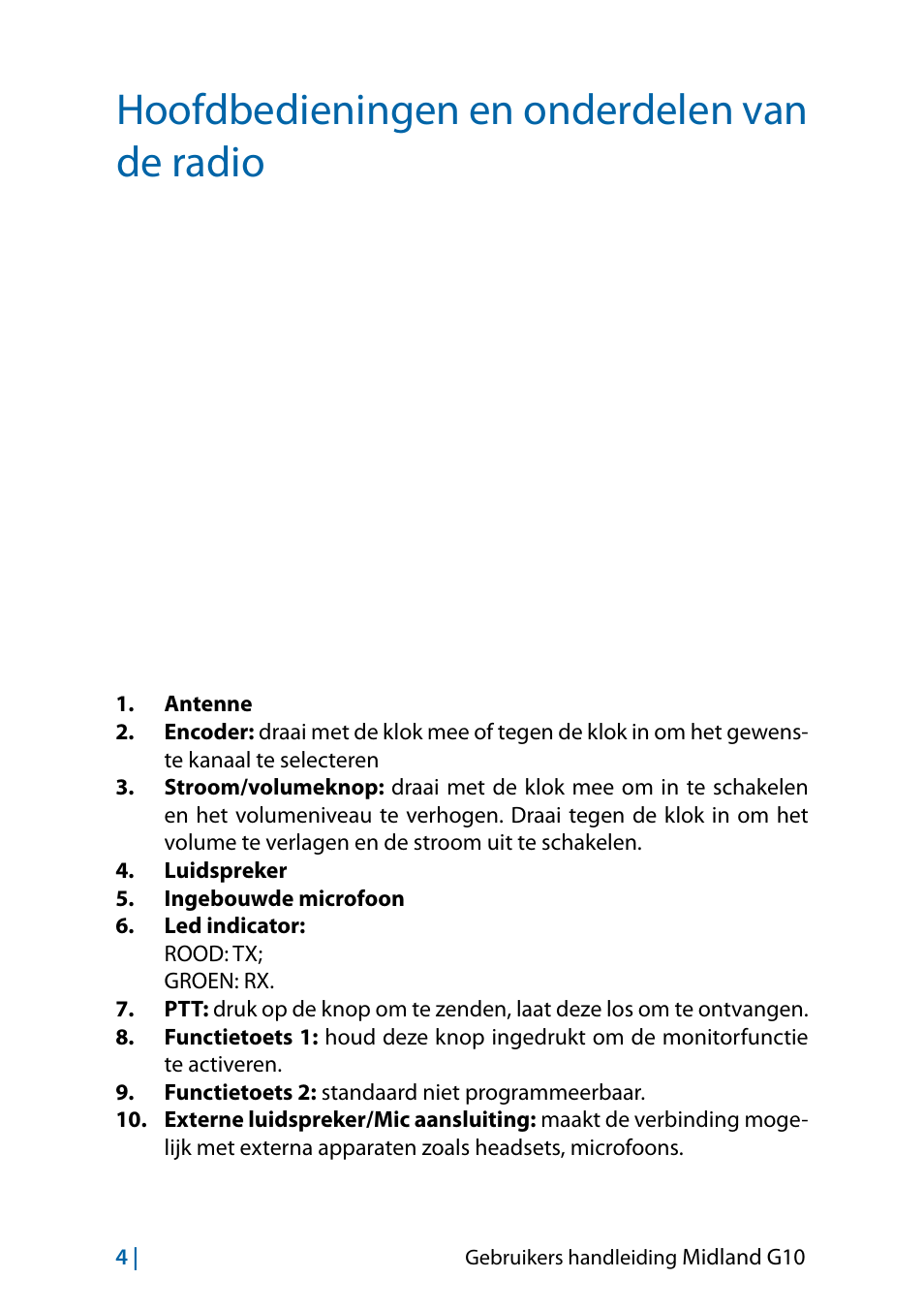 Hoofdbedieningen en onderdelen van de radio | MIDLAND G10 User Manual | Page 54 / 98