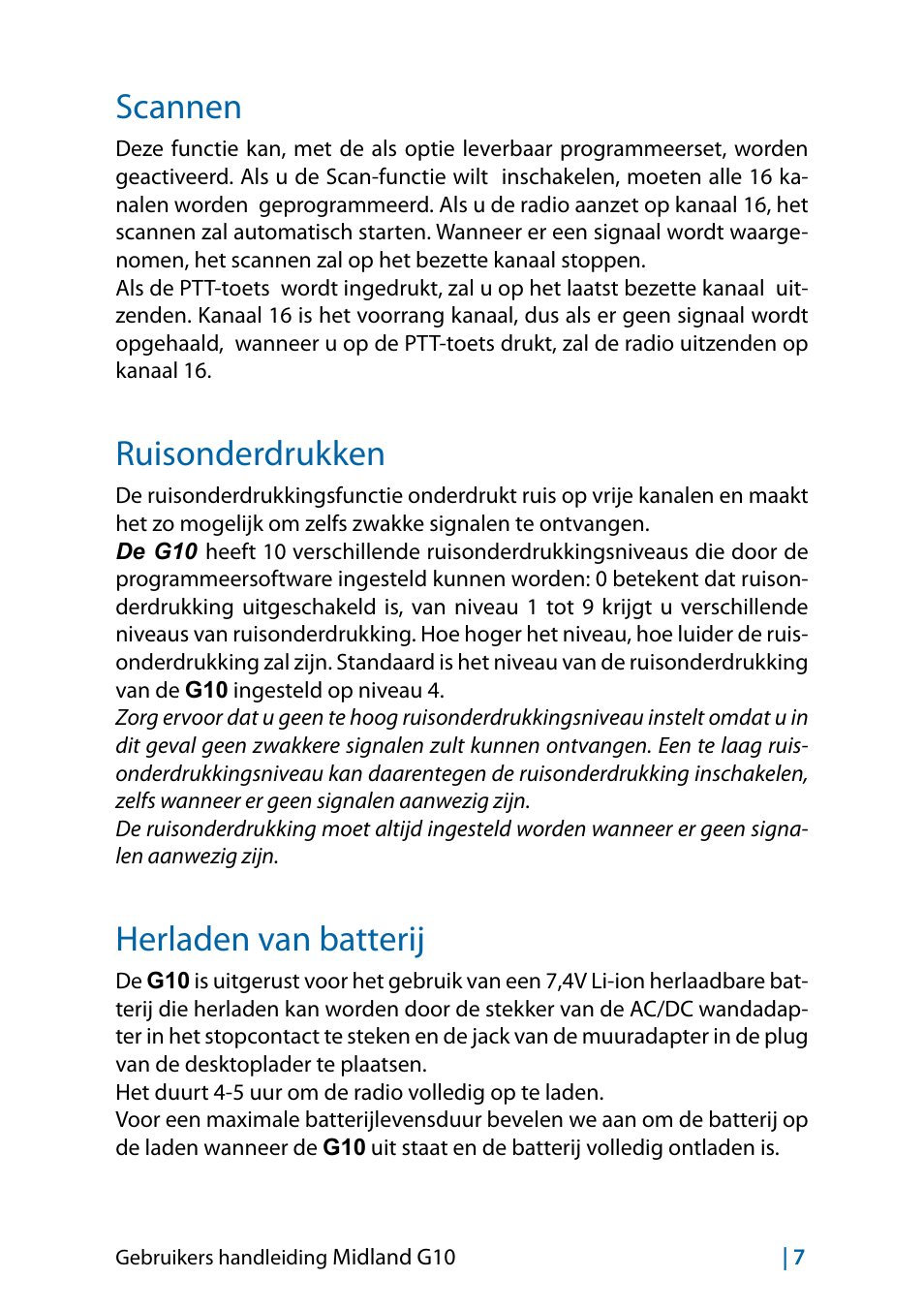 Scannen, Ruisonderdrukken, Herladen van batterij | MIDLAND G10 User Manual | Page 57 / 98